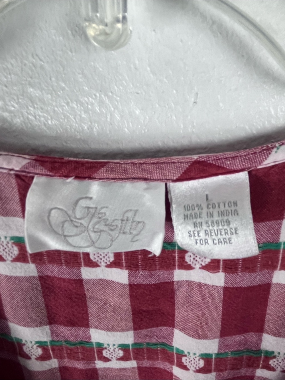 VINTAGE 100% Cotton Red Checkered Strawberries Short Sleeves Button Dress Large - Picture 3 of 9